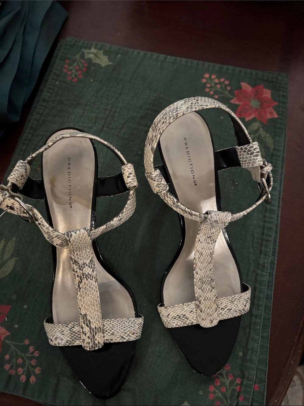Predictions Snake-Print T-Strap Heels in Beige and Black